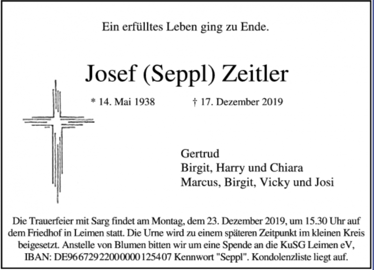 Traueranzeige Seppl Zeitler